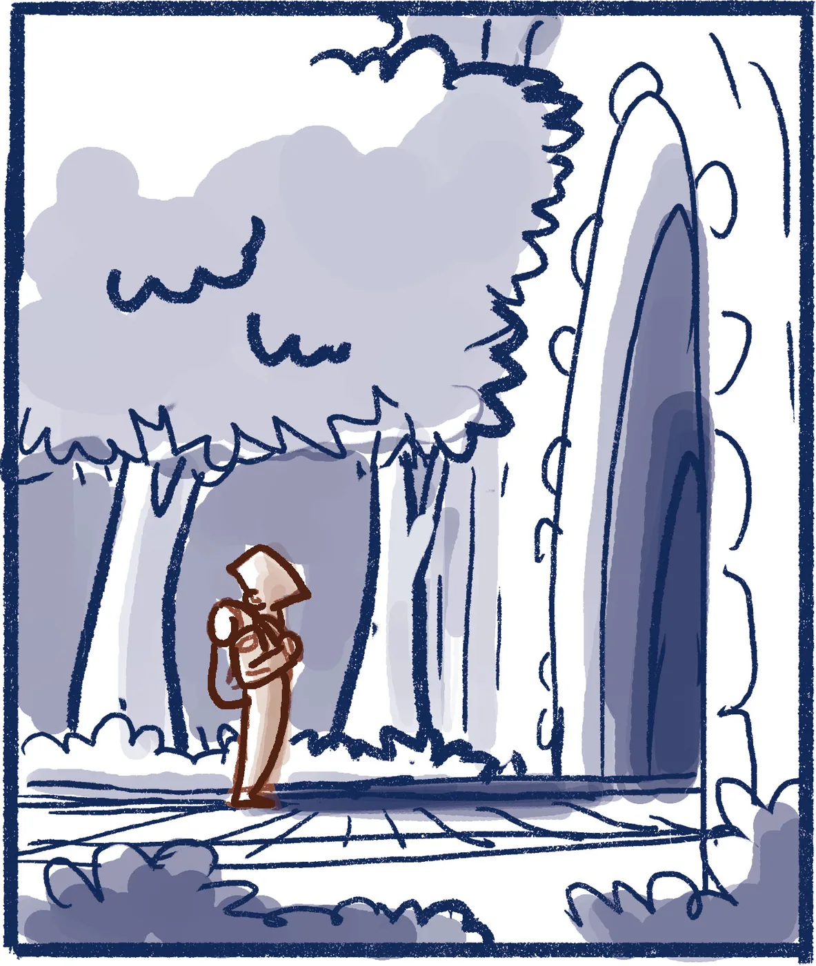 Rough : le personnage vu de profil à hauteur d'homme, le tunnel à droite entre les arbres